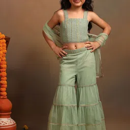 The Tribe Kids Girls Embroidered Regular Thread Work Top with Sharara & With Dupatta-image-36