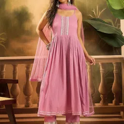 Sangria Floral Embroidered Anarkali Kurta & Trousers With Dupatta-22