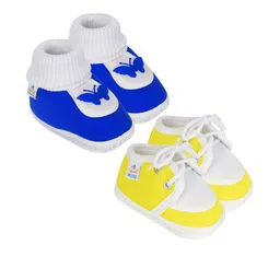 Neska Moda 3 To 12 Months 2 Pair Newborn Unisex Baby Skin Friendly Soft Cotton Lace Shoe Booties (Toe to Heel Length - 12 cm, Yellow,Blue)-18