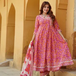KALINI Women Floral Embroidered Angrakha Gotta Patti Pure Cotton Kurta with Trousers & With Dupatta-picture-27