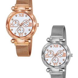 Gopal Shopcart Unisex Pack of 2 Analogue Watch Mina White Dial RoseGold Silver Maganet-image-87