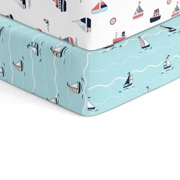 The White Cradle White & Blue 2 Pcs Conversitional Printed 120 TC Cotton Crib Bedsheets-image-13