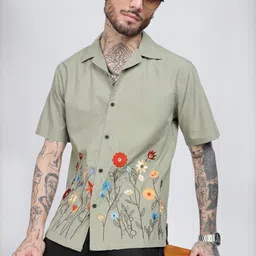 Eszett Modern Floral Embroidered Spread Collar Short Sleeves Cotton Regular Fit Shirt-picture-28