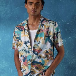 Flying Machine Men Cuban Collar Abstract Printed  Casual Shirt-image-89