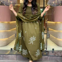 GoSriKi Floral Printed Pleated Round Neck Anarkali Kurta With Trousers & Dupatta-35