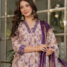 KALINI Women Floral Printed Regular Thread Work Pure Cotton Kurta with Trousers & With Dupatta-25