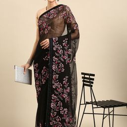 DIVASTRI Floral Embroidered Pure Chiffon Saree-picture-11