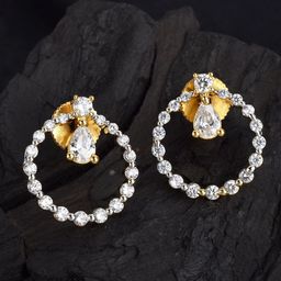 SHILLYN Rhodium-Plated Zircon Studded Circular Shaped Drop Earrings-image-96