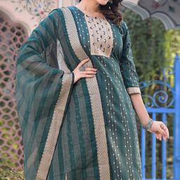 Peachmode Round Neck Regular Pure Cotton Kurta with Trouser & Dupatta image 4