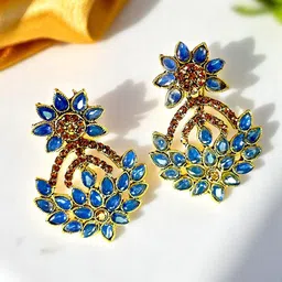 M55 Gold-Plated Artificial Stones Studded Floral Shape Drop Earrings-39