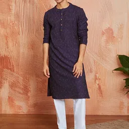 VASTRAMAY Geometric Ikat Printed Band Collar Straight Kurta with Pyjamas-picture-2