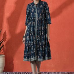 Sangria Floral Printed Pure Cotton A-Line Ethnic Dress-picture-6