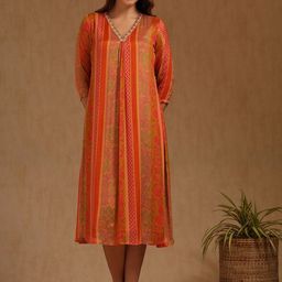 Soch Women Ethnic Motifs Printed V Neck Mirror Work A-Line Midi Ethnic Dress-image-83