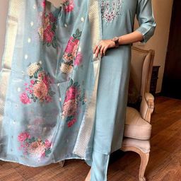 NIZA FASHION Floral Yoke Design Thread Work Chanderi Silk Kurta With Trousers & Dupatta-55