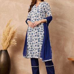all about you Women Floral Printed V-Neck A-Line Kurta with Trousers & With Dupatta-image-77