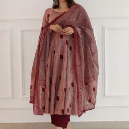 KLOSIA Women Floral Printed Pleated Round Neck Anarkali Kurta with Trousers & Dupatta-picture-34