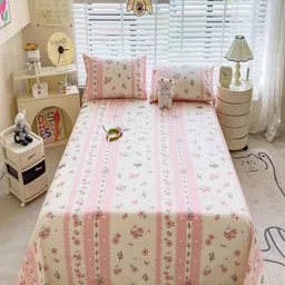 JC HOME Cream & Pink Cotton Floral Printed 220 TC King Bedsheet Set 2.30 m x 2.50 m-30