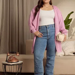 Berrylush Curve Women Plus Size Longline Self Design Open Knit Front-Open Sweaters image 5