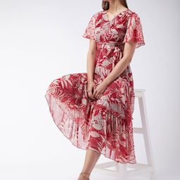 Miss Chase Maroon & Peach-Coloured Tropical Printed Gathered Chiffon Midi Dress-16