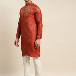 SOJANYA Men Red Kurta with Churidar & Nehru Jacket image 3