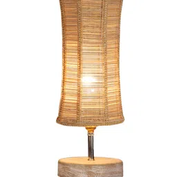 Devansh Damru Beige & White Textured Bamboo Table Lamp With Wood Base image 4