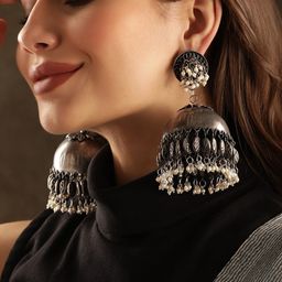 Rubans Silver-Plated Beaded Dome Shaped Jhumkas-37