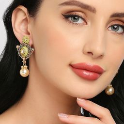 OOMPH Kundan Studded Meenakari Floral Drop Earrings-11