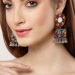 Shining Diva Silver-Plated & Yellow Oxidised Geometric Jhumkas Earrings-49