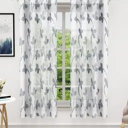 Bedspun 2 Pcs White & Grey Floral Sheer Window Curtains-3