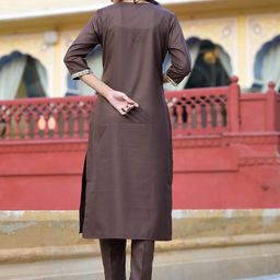 Vishudh Brown & Gold Toned V Neck Regular Kurta with Trousers & With Dupatta image 3