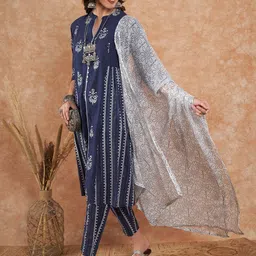 Sangria Ethnic Motifs Pure Cotton Kurta With Trouser & Dupatta-image-66