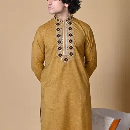 MAAHI FABS Men Mustard Yellow Yoke Design Regular Thread Work Kurta with Pyjamas image 5