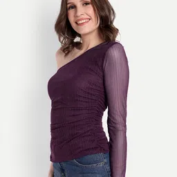 DRAPE AND DAZZLE Self Design Stretchable Shimmer One Shoulder Net Casual Top image 3