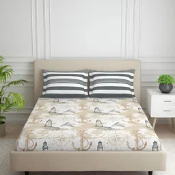 SPACES Beige & White Cotton 144 TC Queen Bedsheet with 2 Pillow Covers-image-67