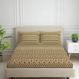 SPACES Beige Floral Cotton 144 TC Queen Bedsheet with 2 Pillow Covers-image-51