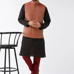 VASTRAMAY Mandarin Collar Kurta with Churidar & Woven Design Nehru Jacket-image-88