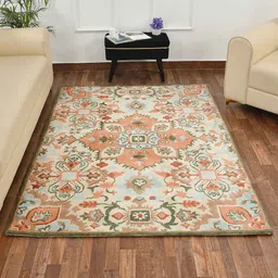 PRESTO Peach-Coloured & Green Ethnic Motifs Printed Traditional No Shredding Carpet-11