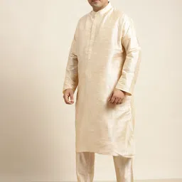 SOJANYA PLUS Men Plus Size Beige Solid Kurta & Churidar Comes With a Nehru Jacket image 2