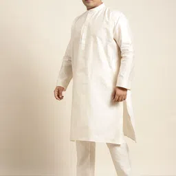 SOJANYA PLUS Men Plus Size Off White Solid Kurta & Churidar Comes With a Nehru Jacket image 4