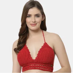 Velvery Handmade Halter Neck Padded Bralette Crop Top - Red-picture-1