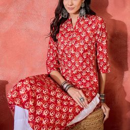 Sangria Floral Printed Mandarin Collar Cotton Straight Kurta-40