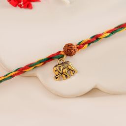 Aapno Rajasthan Rudraksha & Elephant Braided Thread Rakhi with Roli Rice & Greeting Card-image-55