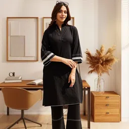 Ambraee Timeless Mandarin Collar Pure Cotton Straight Kurta with Trousers-picture-52