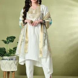 KALINI Floral Embroidered Sequinned V-Neck A-Line Kurta with Dhoti Pants & Dupatta-image-23
