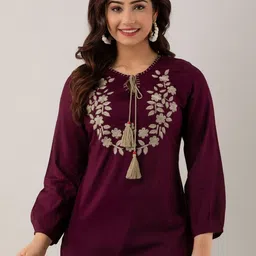 BLUE KART Women Floral Embroidered Tie-Up Neck Thread Work Kurti-picture-25