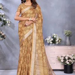 KALINI Brown Printed Linen Blend Jamdani Sarees-picture-15