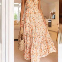 Outzidr Women Floral Printed Halter Neck Maxi Dress-image-28