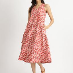 Pink Fort Cotton Dabu Floral A-Line Dress-image-62