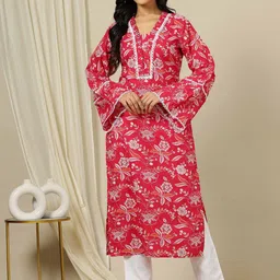 MASSTANI BY INDDUS Floral Printed Bell Sleeves Gotta Patti Straight Cotton Kurta-picture-26