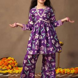 FASHION DREAM Girls Floral Printed Pleated Thread Work A-Line Kurta With Palazzos-image-63